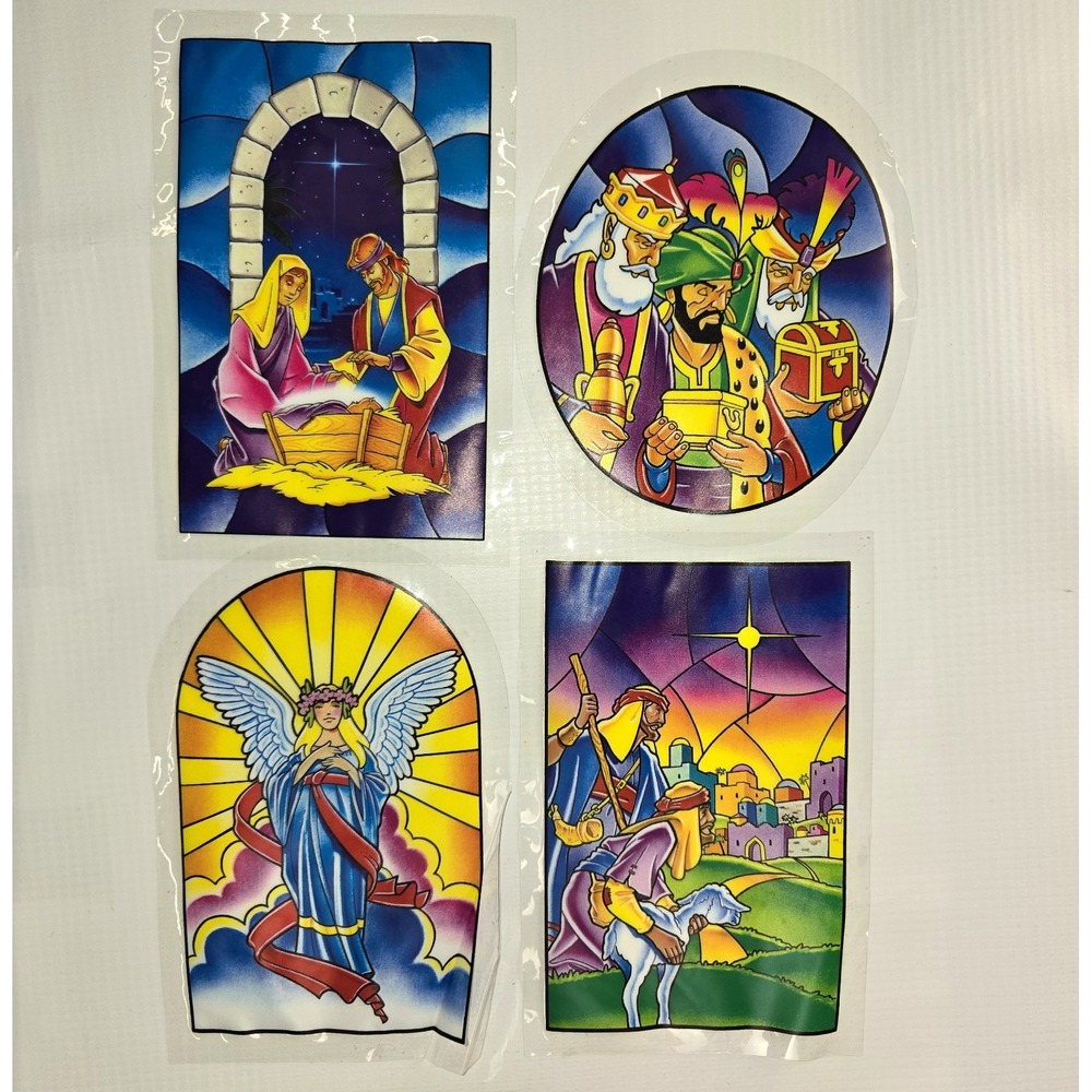Vintage 4-piece nativity window cling set by Super Signs Inc, Double Sided